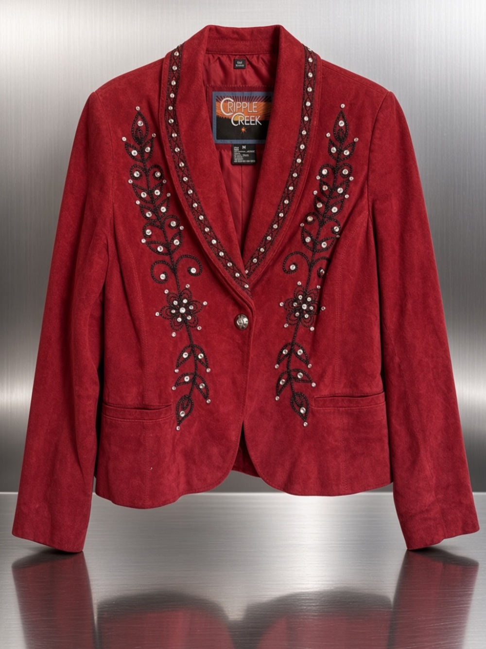 Cripple Creek show stopping red Suede jacket embroidered crystal accents M NWOT